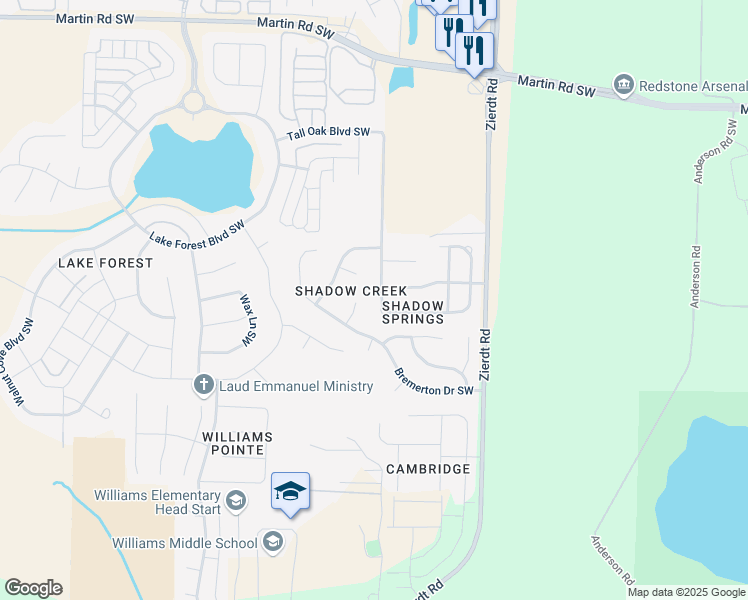 map of restaurants, bars, coffee shops, grocery stores, and more near 269 Shadow Court Southwest in Huntsville