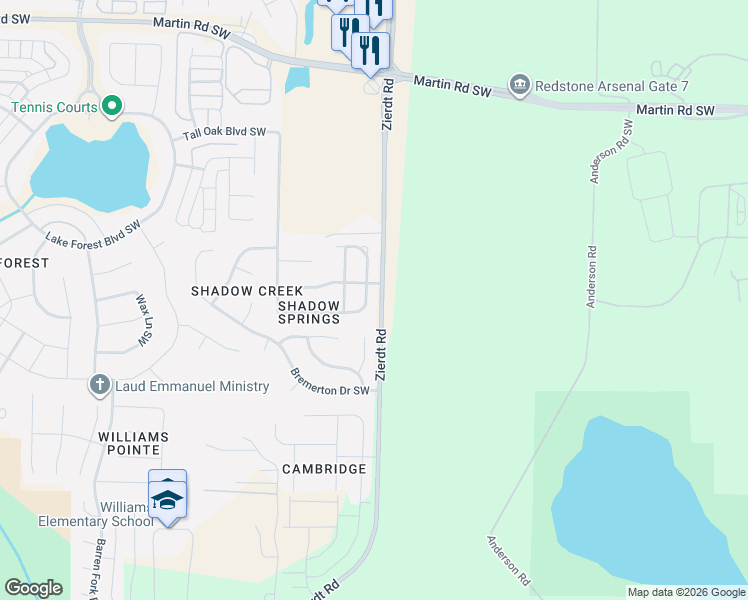 map of restaurants, bars, coffee shops, grocery stores, and more near 207 Shadow Springs Court in Huntsville
