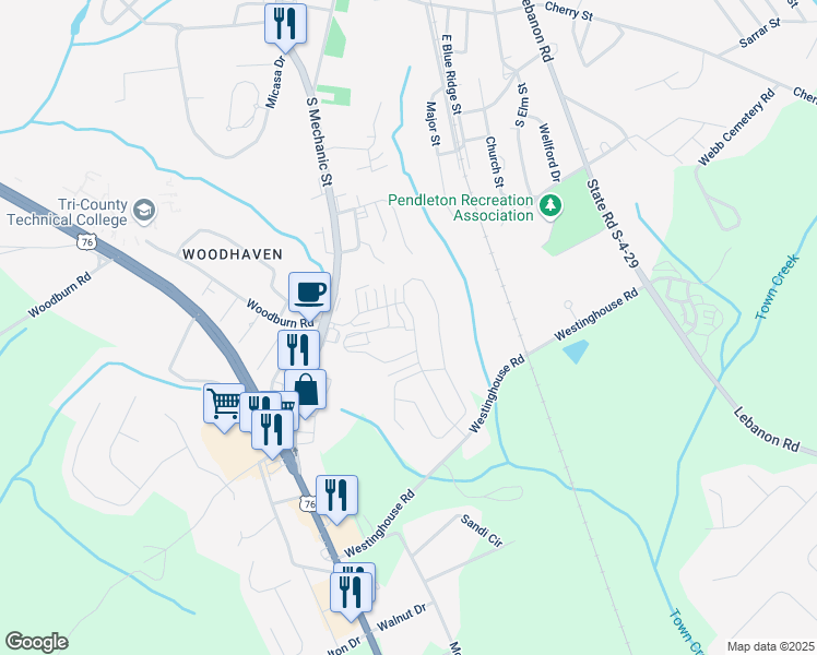 map of restaurants, bars, coffee shops, grocery stores, and more near 110 Homeplace Drive in Pendleton