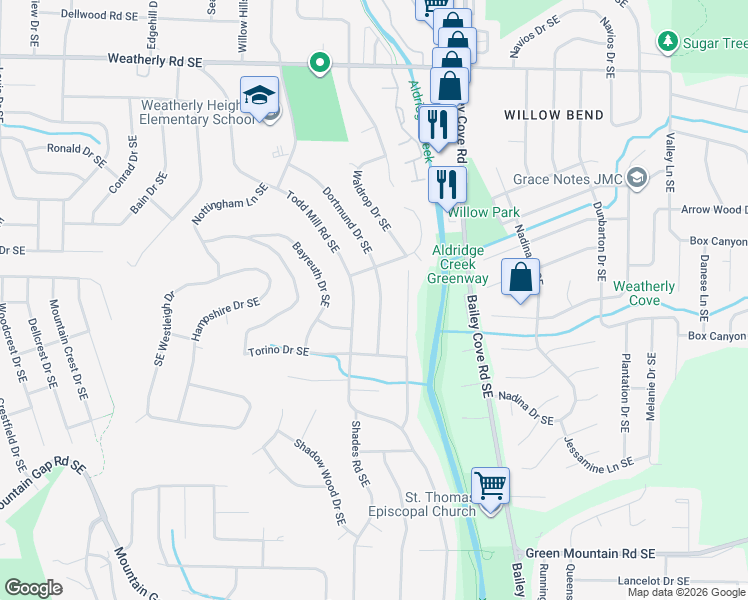map of restaurants, bars, coffee shops, grocery stores, and more near 9706 Dortmund Drive Southeast in Huntsville