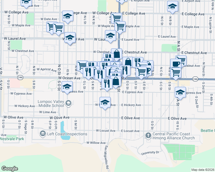 map of restaurants, bars, coffee shops, grocery stores, and more near 120 South I Street in Lompoc