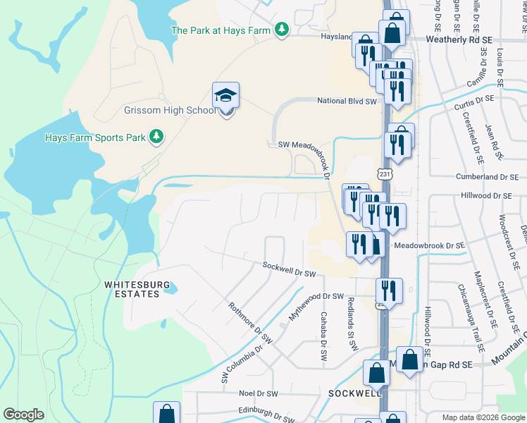 map of restaurants, bars, coffee shops, grocery stores, and more near 2029 Rosebury Lane Southwest in Huntsville