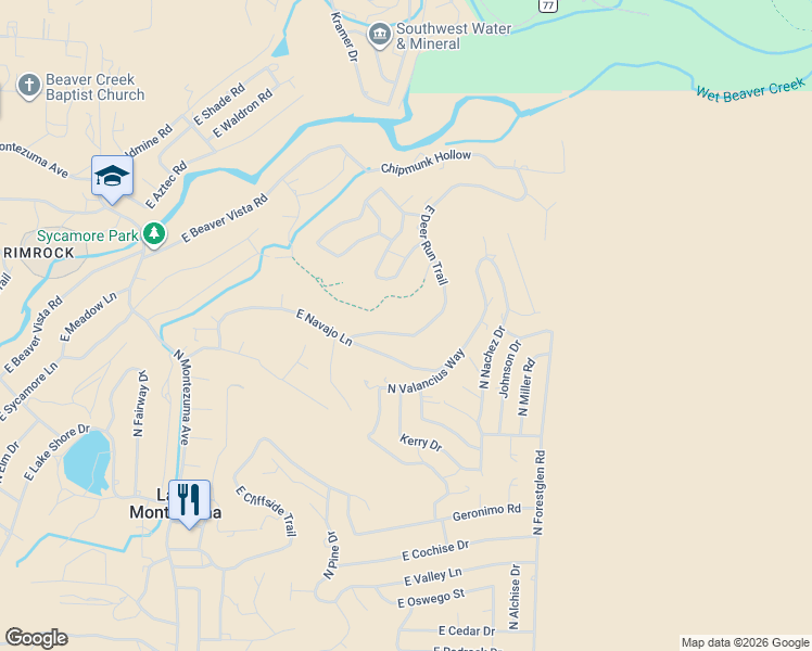 map of restaurants, bars, coffee shops, grocery stores, and more near 4570 East Deer Run Trail in Lake Montezuma