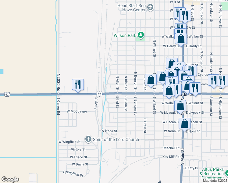 map of restaurants, bars, coffee shops, grocery stores, and more near 809 West Broadway Street in Altus