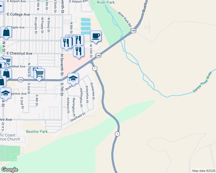 map of restaurants, bars, coffee shops, grocery stores, and more near 1813 Somerset Court in Lompoc
