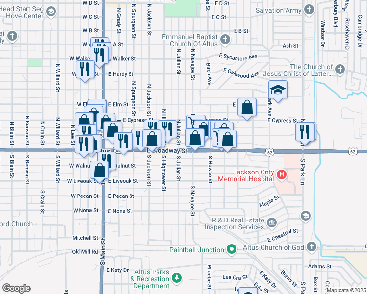 map of restaurants, bars, coffee shops, grocery stores, and more near 601 East Broadway Street in Altus
