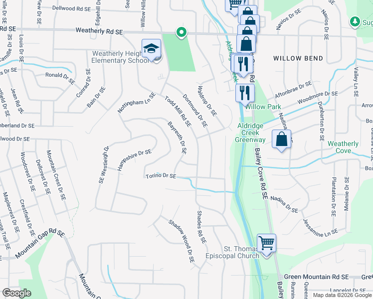 map of restaurants, bars, coffee shops, grocery stores, and more near 10019 Bayreuth Drive Southeast in Huntsville