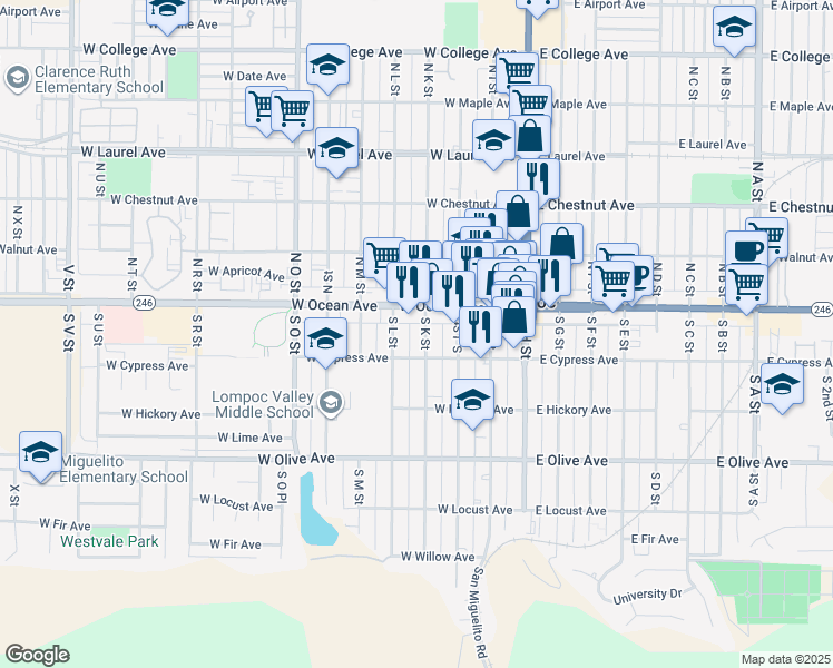 map of restaurants, bars, coffee shops, grocery stores, and more near 125 South K Street in Lompoc