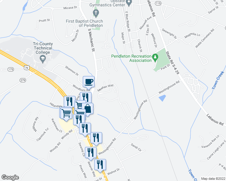 map of restaurants, bars, coffee shops, grocery stores, and more near 110 Homeplace Drive in Pendleton