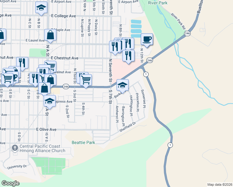 map of restaurants, bars, coffee shops, grocery stores, and more near 1513 Berkeley Drive in Lompoc