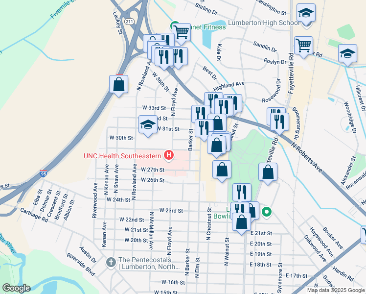 map of restaurants, bars, coffee shops, grocery stores, and more near 202 West 29th Street in Lumberton