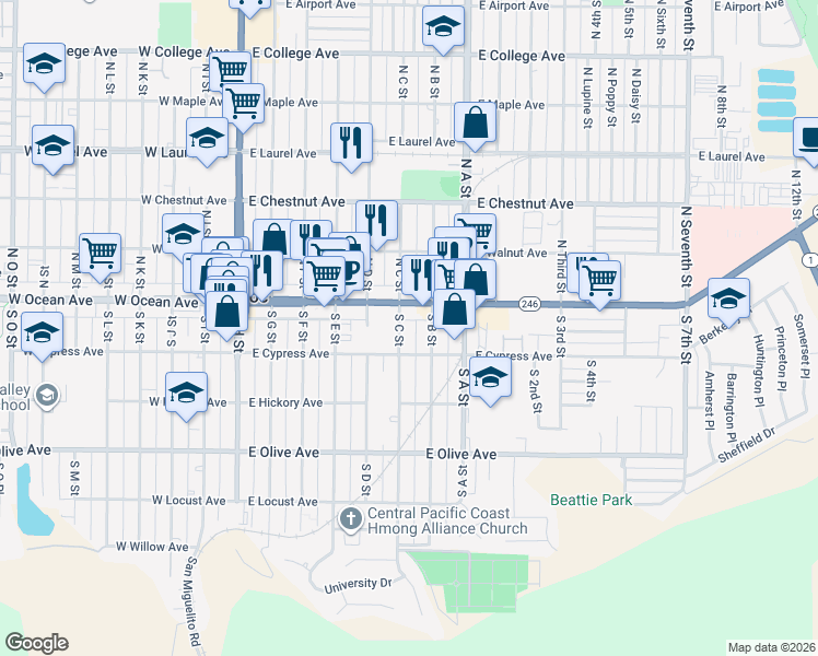 map of restaurants, bars, coffee shops, grocery stores, and more near in Lompoc