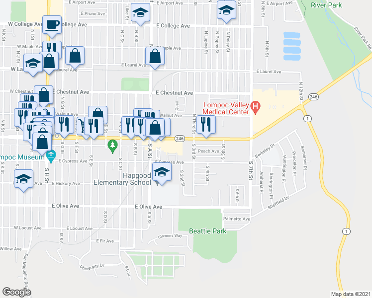 map of restaurants, bars, coffee shops, grocery stores, and more near 109 South 3rd Street in Lompoc