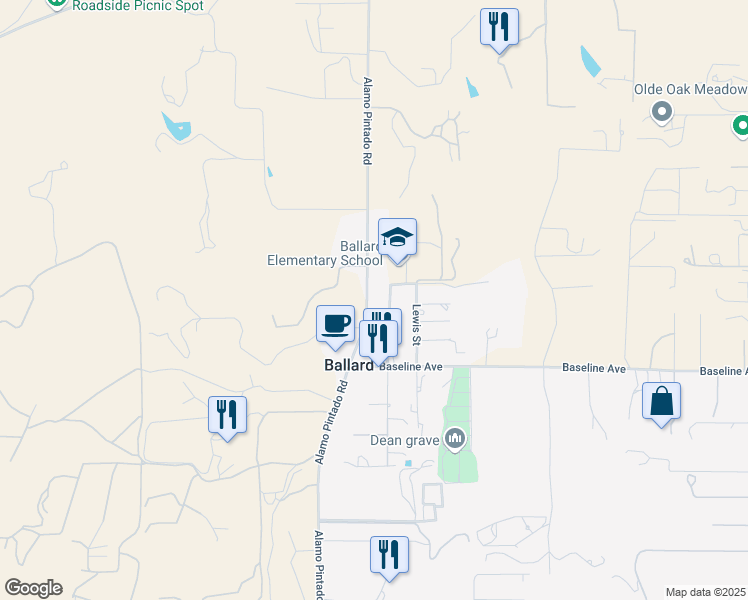 map of restaurants, bars, coffee shops, grocery stores, and more near 1880 Alamo Pintado Road in Solvang