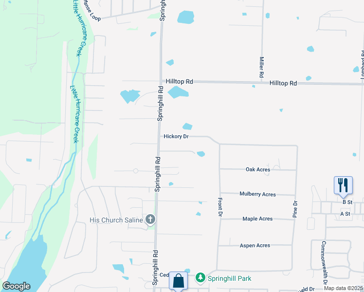 map of restaurants, bars, coffee shops, grocery stores, and more near 2107 Hickory Drive in Bryant