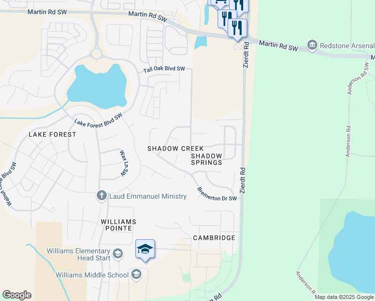 map of restaurants, bars, coffee shops, grocery stores, and more near 271 Shadow Court Southwest in Huntsville