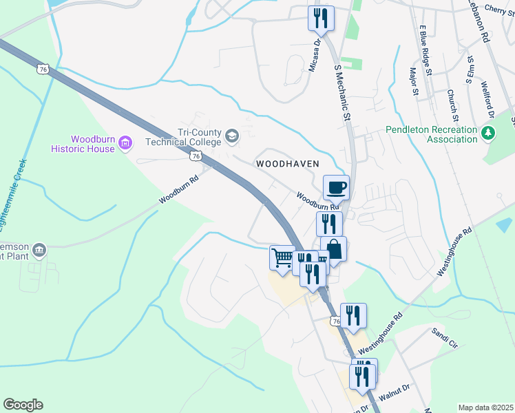 map of restaurants, bars, coffee shops, grocery stores, and more near 100 Hillandale Road in Pendleton