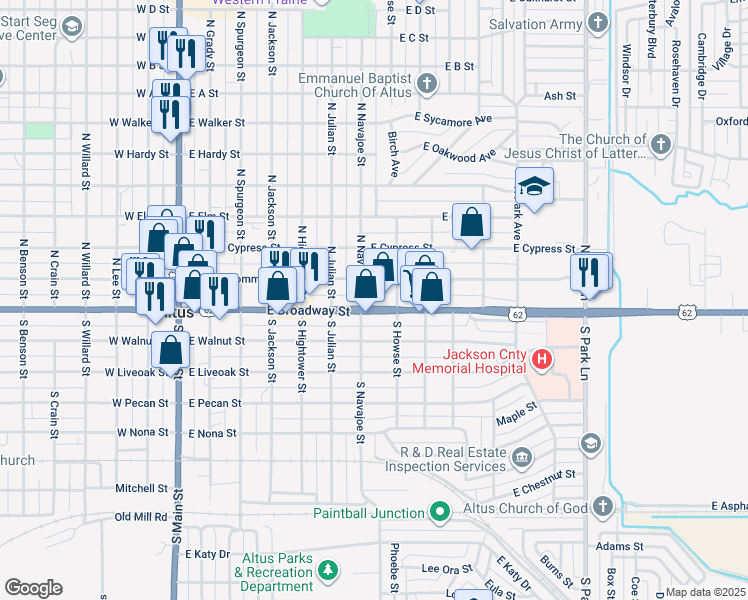 map of restaurants, bars, coffee shops, grocery stores, and more near 705 East Broadway Street in Altus