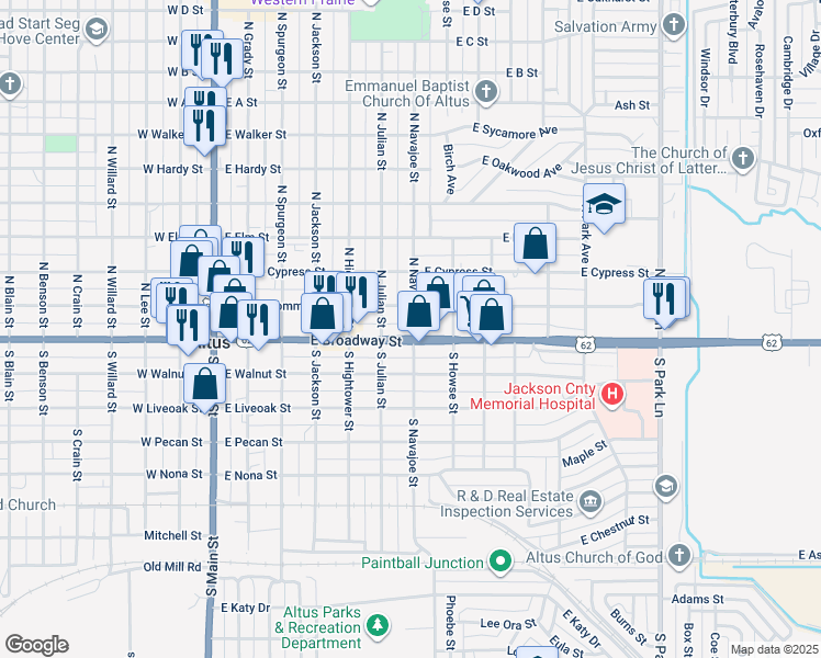 map of restaurants, bars, coffee shops, grocery stores, and more near 705 East Broadway Street in Altus