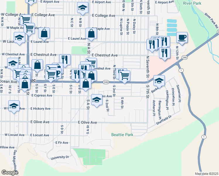 map of restaurants, bars, coffee shops, grocery stores, and more near 109 South 3rd Street in Lompoc