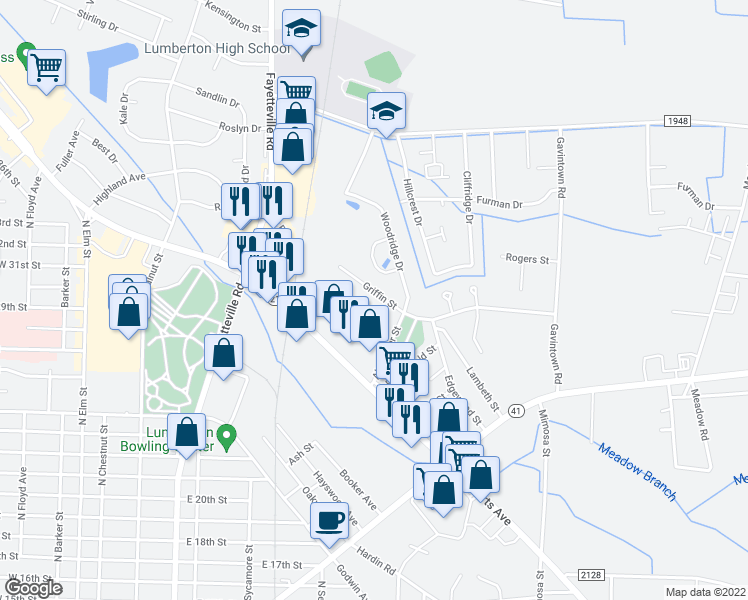map of restaurants, bars, coffee shops, grocery stores, and more near 2170 Griffin Street in Lumberton