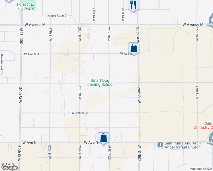 map of restaurants, bars, coffee shops, grocery stores, and more near 41555 22nd Street West in Palmdale