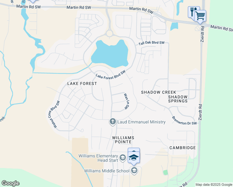 map of restaurants, bars, coffee shops, grocery stores, and more near 1 Wax Lane Southwest in Huntsville