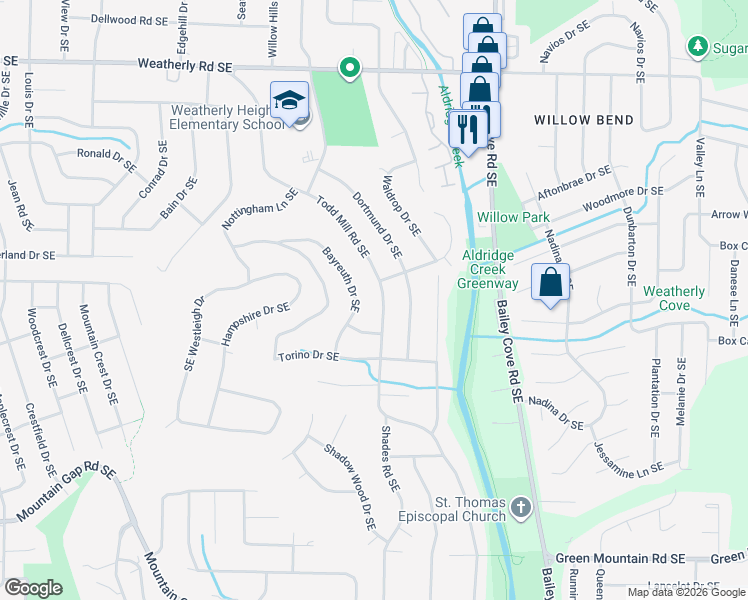 map of restaurants, bars, coffee shops, grocery stores, and more near 10019 Bayreuth Drive Southeast in Huntsville