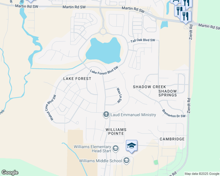 map of restaurants, bars, coffee shops, grocery stores, and more near 1 Wax Lane Southwest in Huntsville
