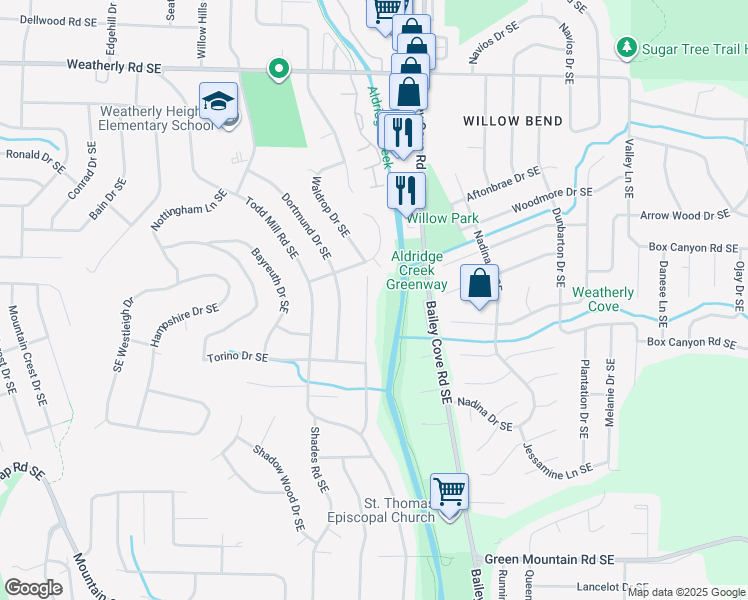 map of restaurants, bars, coffee shops, grocery stores, and more near 9718 Wallwood Drive Southeast in Huntsville