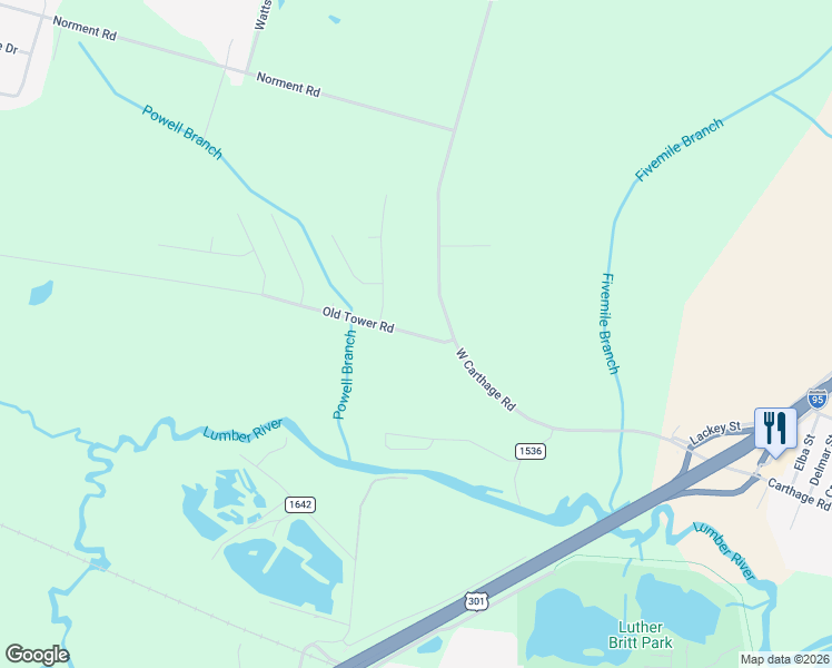 map of restaurants, bars, coffee shops, grocery stores, and more near 274 Sanderson Road in Lumberton
