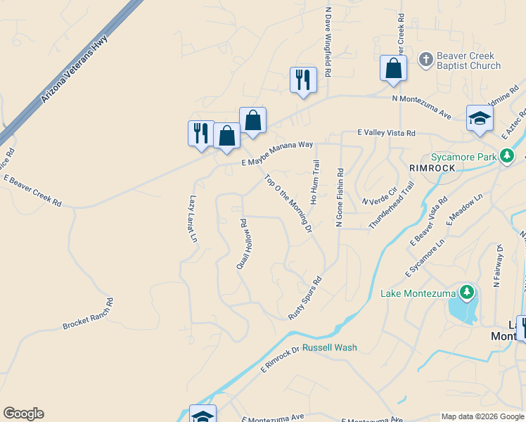 map of restaurants, bars, coffee shops, grocery stores, and more near 4725 North Drifting Sands Road in Lake Montezuma