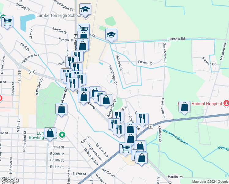 map of restaurants, bars, coffee shops, grocery stores, and more near 2181 Griffin Street in Lumberton