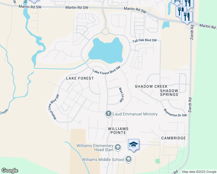 map of restaurants, bars, coffee shops, grocery stores, and more near 1 Wax Lane Southwest in Huntsville