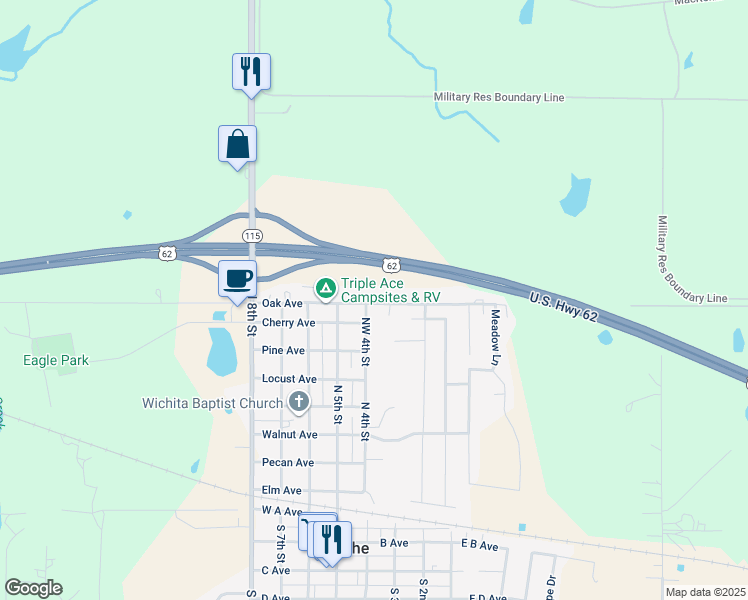 map of restaurants, bars, coffee shops, grocery stores, and more near 402 Oak Avenue in Cache
