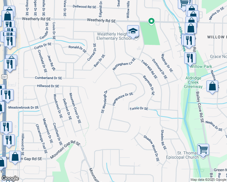 map of restaurants, bars, coffee shops, grocery stores, and more near 10003 Southeast Westleigh Drive in Huntsville