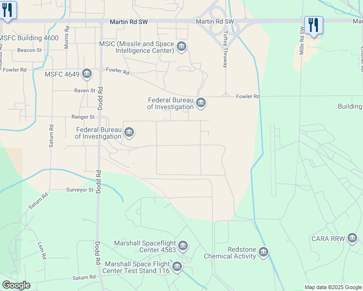 map of restaurants, bars, coffee shops, grocery stores, and more near Bravery Boulevard in Redstone Arsenal