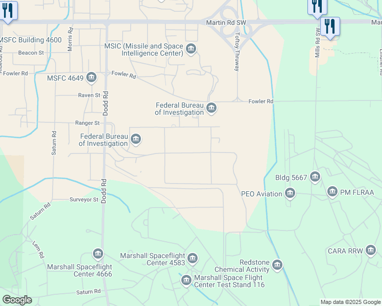 map of restaurants, bars, coffee shops, grocery stores, and more near Bravery Boulevard in Redstone Arsenal