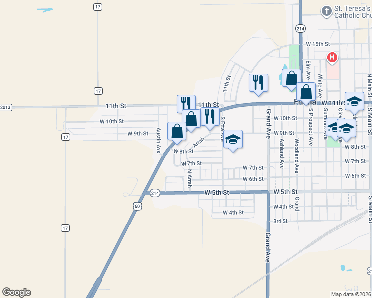 map of restaurants, bars, coffee shops, grocery stores, and more near West 8th Street in Friona