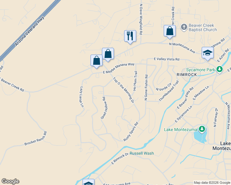 map of restaurants, bars, coffee shops, grocery stores, and more near 4725 North Drifting Sands Road in Lake Montezuma