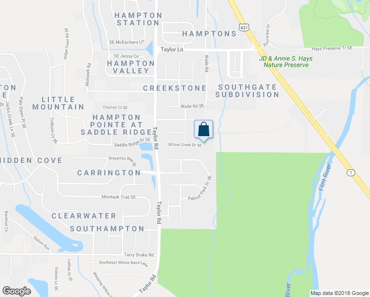map of restaurants, bars, coffee shops, grocery stores, and more near 5012 Willow Creek Drive Southeast in Owens Cross Roads
