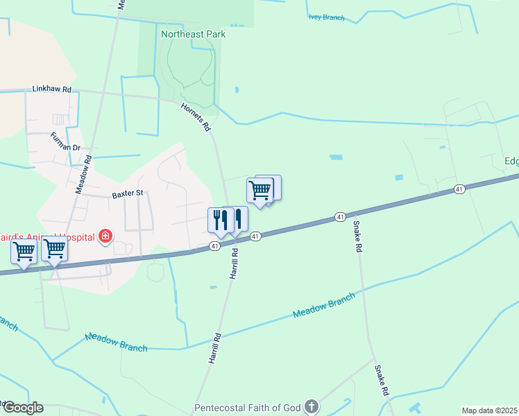 map of restaurants, bars, coffee shops, grocery stores, and more near 6685 East Elizabethtown Road in Lumberton