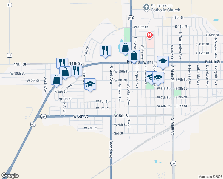 map of restaurants, bars, coffee shops, grocery stores, and more near West 8th Street in Friona