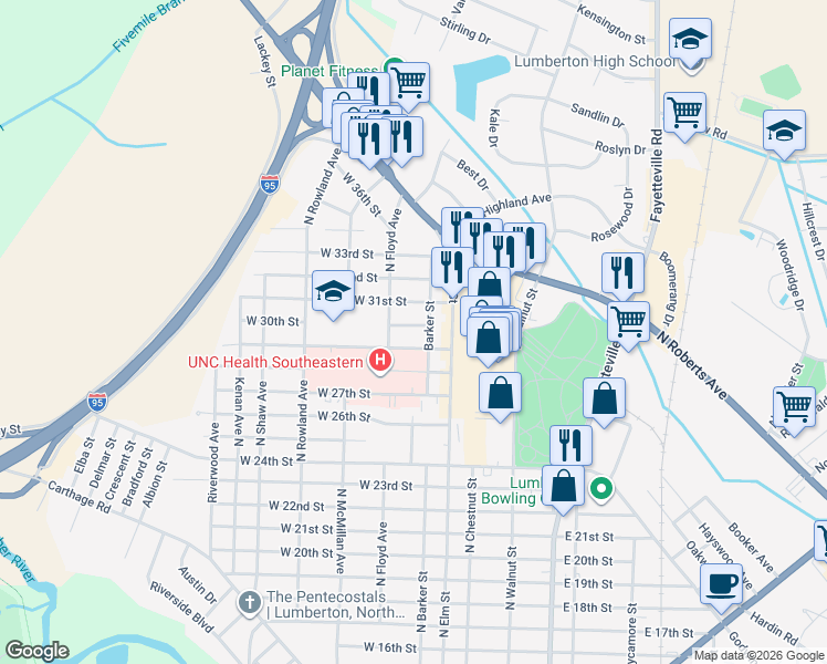 map of restaurants, bars, coffee shops, grocery stores, and more near 202 West 29th Street in Lumberton