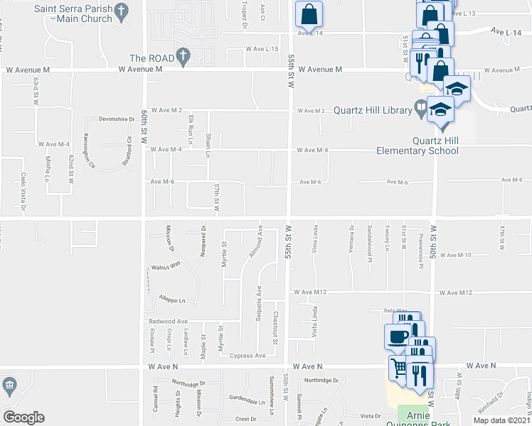 map of restaurants, bars, coffee shops, grocery stores, and more near 5537 West Avenue M8 in Lancaster