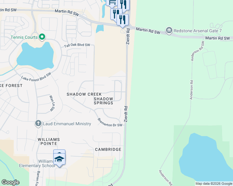 map of restaurants, bars, coffee shops, grocery stores, and more near 206 Shadow Tr Southwest in Huntsville