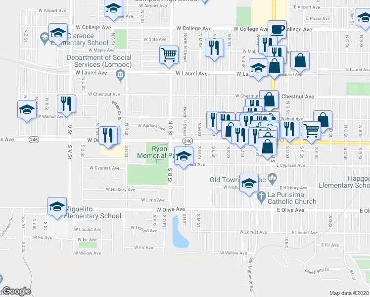 map of restaurants, bars, coffee shops, grocery stores, and more near 134 South N Street in Lompoc
