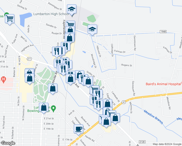 map of restaurants, bars, coffee shops, grocery stores, and more near 2163 Griffin Street in Lumberton