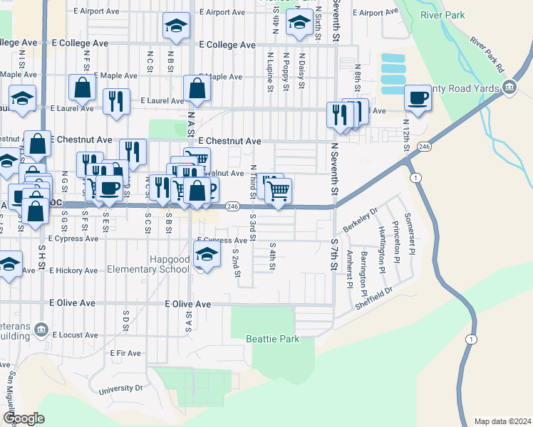 map of restaurants, bars, coffee shops, grocery stores, and more near 1112 East Ocean Avenue in Lompoc