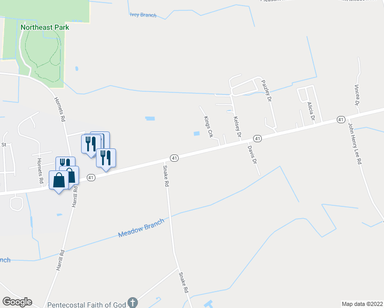 map of restaurants, bars, coffee shops, grocery stores, and more near Highway 41 in Lumberton
